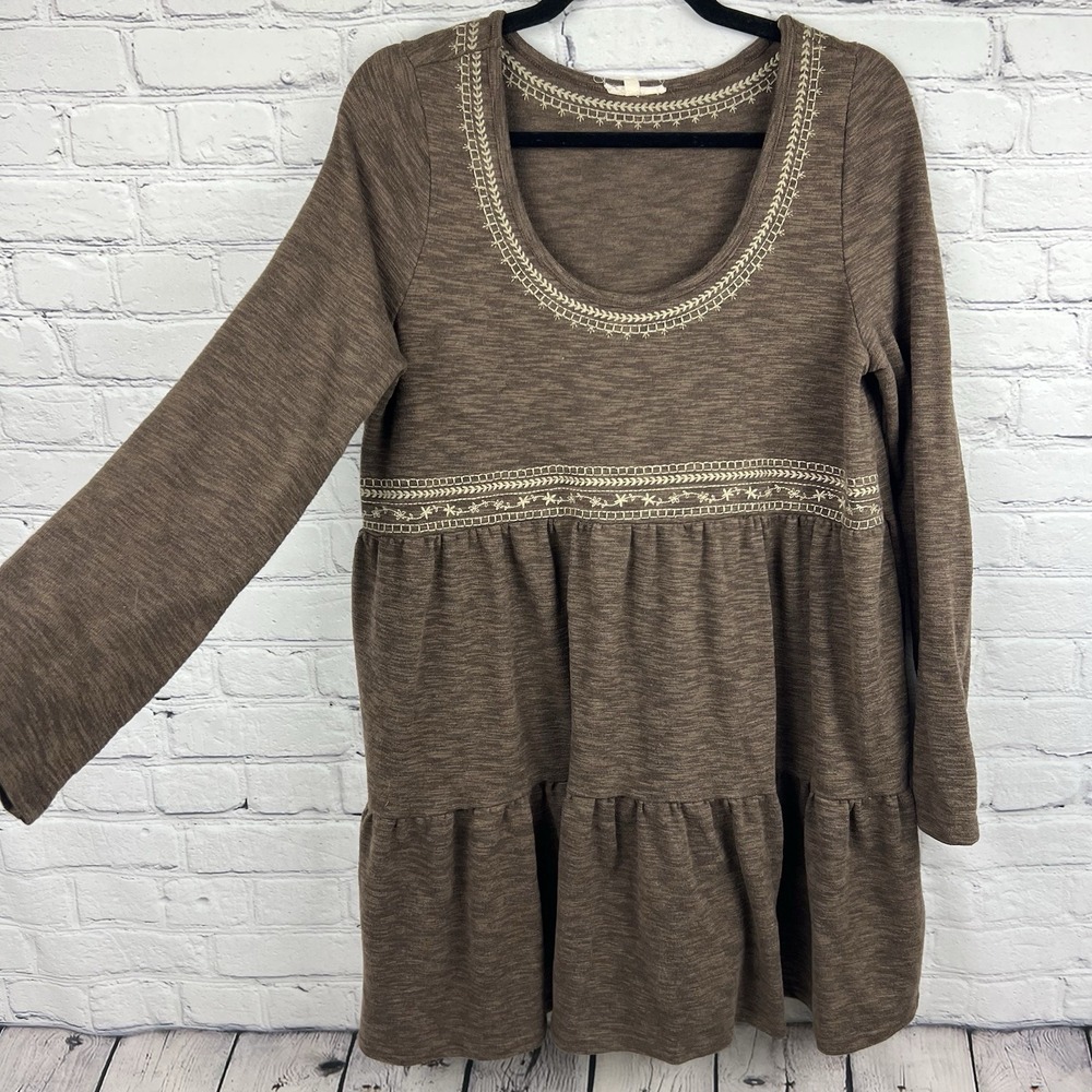 Easel Boho Brown Embroidered‎ Tiered Mini Dress Long Sleeve Babydoll Size Medium